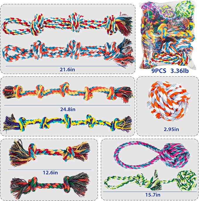 Dog Rope Toys for Aggressive Chewers, Nearly Indestructible Dog Toys Set for Large/Medium Dogs, Heavy Duty Natural Cotton Rope Chew Toy for Teething, Tug Toy 9 Pack