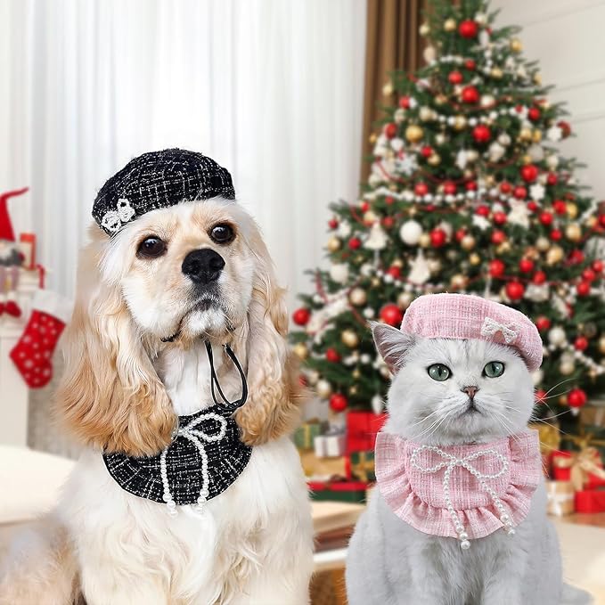 HOWWFALY 2PCS Cat Beret Hat with Pearl Bowtie, Adjustable Bandana Scarf Set Pet Princess Costume for Halloween Christmas, Cat Dog Birthday Party Apparel (Pink Pearl)