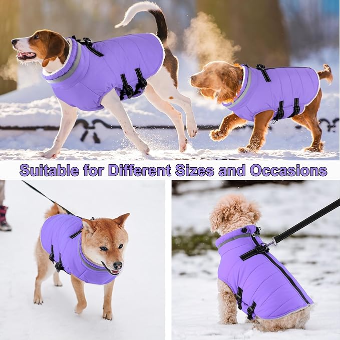 Dogcheer Dog Coat with Harness, Waterproof Dog Jacket Adjustable Winter Coat with Zipper, Christmas Puppy Snow Jacket Fleece Sweater for Small Medium Large Dogs - Taro Purple 2XL