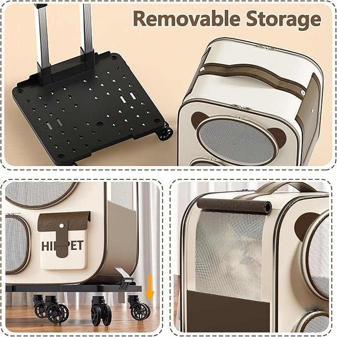 Pet Backpack with Wheels, Comfort Cat Backpack Removable Rolling Wheels, Pet Rolling Carrier, Dog Backpack Great for Travel/Hiking/Outdoor Use(Brown)