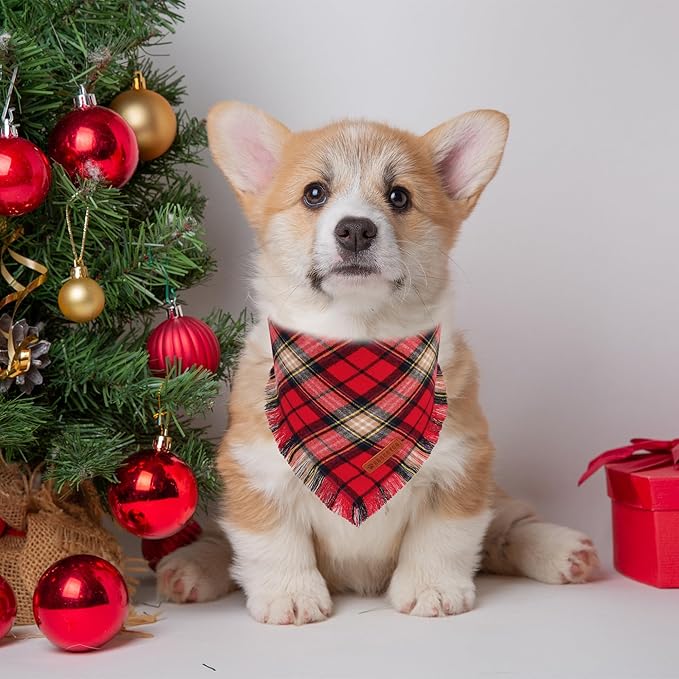 ADOGGYGO Christmas Dog Bandanas with Tassels Edges, Stylish Plaid Xmas Scarf Bib, Red Green Plaid Christmas Bandanas for Small Dogs (Small)