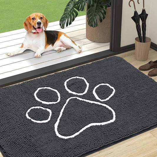 OLANLY Dog Door Mat for Muddy Paws 47x32, Paw Print Design, Absorbs Moisture and Dirt, Absorbent Non-Slip Washable Doormat, Quick Dry Chenille Mud Mat for Dogs, Entry Indoor Entryway Carpet, Dark Grey