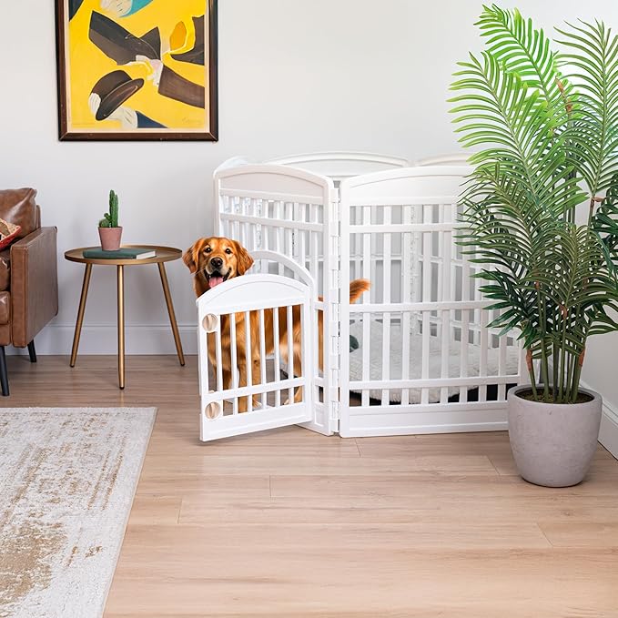 IRIS USA 34" 6-Panel Dog Playpen with Door, 44 x 63 x 34, Puppy Fence, Puppy Playpen, Dog Play Pen Indoors, Pet Fence, Puppies/Small Dogs, White