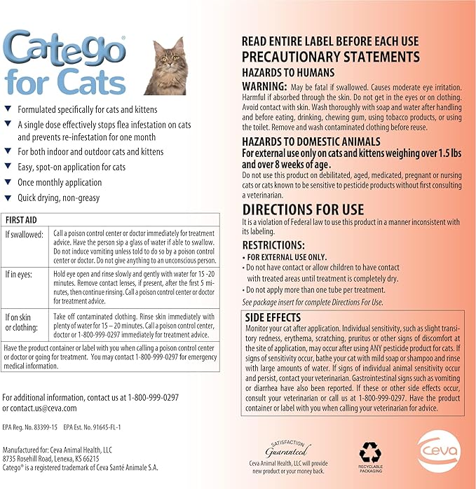 Catego for Cats Flea and Tick Treatment & Prevention (Over 1.5 lbs) 6-Month Supply