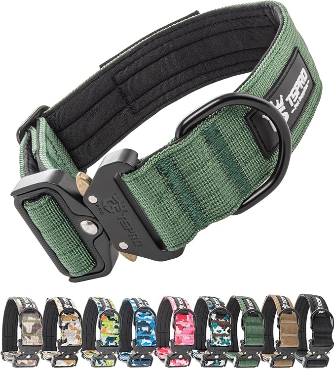 TSPRO Premium Dog Collars Tactical Dog Collar with Patch and Heavy Duty Quick-Release Metal Buckle Durable Thick and Adjustable for Medium to Large Dogs (Green L)
