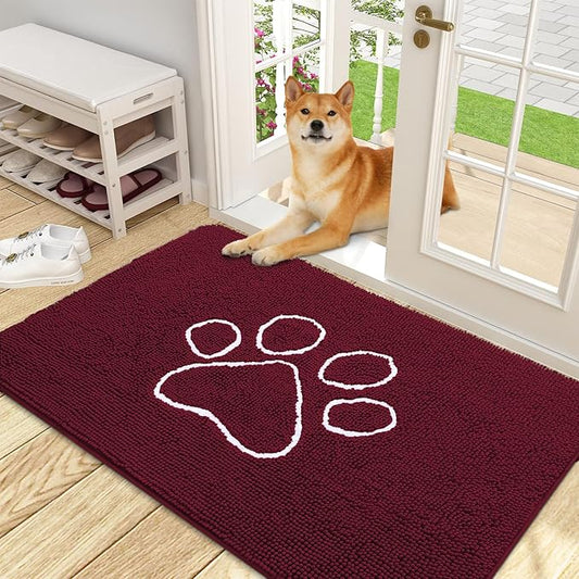 OLANLY Dog Door Mat for Muddy Paws 48x30, Paw Print Design, Absorbs Moisture and Dirt, Absorbent Non-Slip Washable Doormat, Quick Dry Chenille Mud Mat for Dogs, Entry Indoor Entryway Carpet, Burgundy