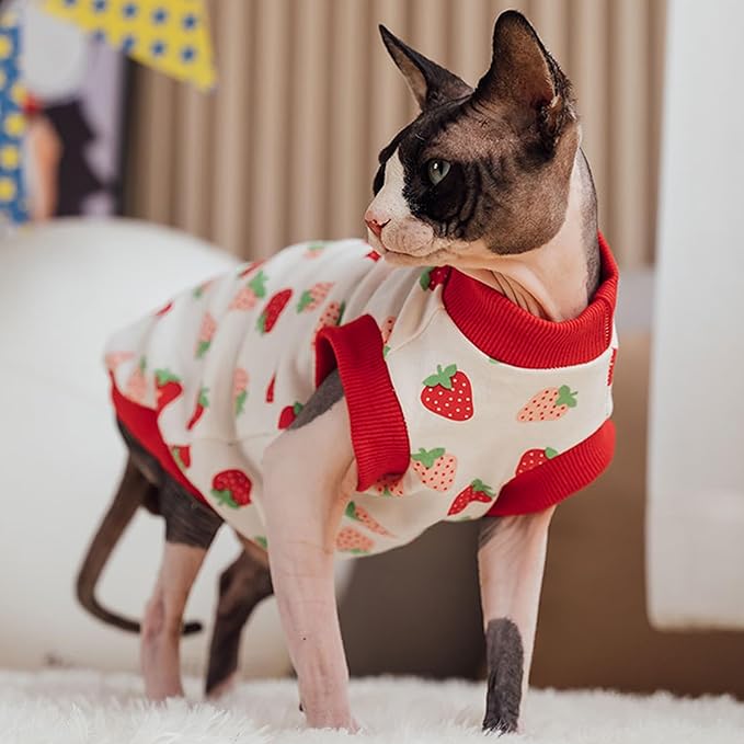 PUMYPOREITY Sphynx Cat Clothes: Stretchy Sweater, Soft Hairless Shirt, Pullover Pajamas, Turtleneck for Cornish Rex, Devon Rex - Red, S