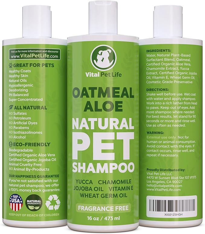 Dog Shampoo with Oatmeal, Aloe Vera, Chamomile, Jojoba Oil, Vitamin E - Natural Ingredients, Helps Allergies Dry Coats & Itchy Sensitive Skin, No Parabens or Artificial Dyes, 16 oz