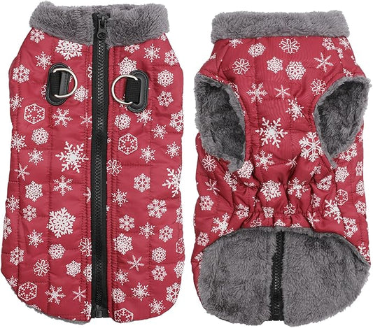Warm Fleece Dog Coats with Durable Harness Buitl in D-Ring,Waterproof Puppy Jacket for Small Dogs,Dog Vest for Cold Winter,Red,Snow Pattern XS