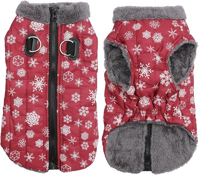 Warm Fleece Dog Coats with Durable Harness Buitl in D-Ring,Waterproof Doggie Jacket for Large Dogs,Dog Vest for Cold Winter,Red,Snow Pattern XXXL