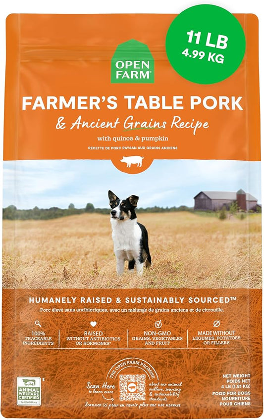 Open Farm, Ancient Grains Dry Dog Food, Protein-Rich & Nutrient Dense, 90% Animal Protein Mixed with Non-GMO Fruits, Veggies and Superfoods, Farmer's Table Pork Recipe, 11lb Bag