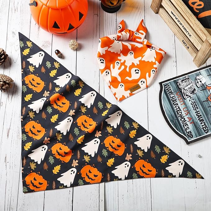 Halloween Dog Bandanas - 2 Pack Fall Dog Bibs | Reversible Pumpkin and Ghost Pet Scarf for Boys and Girls | Premium Durable Fabric | Orange Dog Bandana for Medium and Large Dogs (Large)