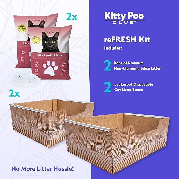 Kitty Poo Club Leakproof Disposable 2-Pack Cat Litter Box with 2 Bags Silica Litter | Superior Odor Control & Recyclable Design | Perfect for Travel, Multi-Cat Homes & Daily Use