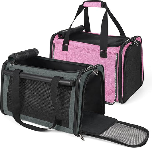 YUDODO 2 Packs 25 lbs Lightproof Soft Sided Cat Carrier for Large Cat & Small Dog Airline Approved Travel Puppy Carriers with Side Pockets & Reflective Mesh, Foldable Portable for Car Grey Green+Pink