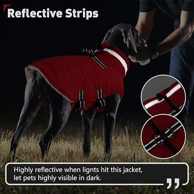 Dogcheer Dog Coat with Harness, Waterproof Dog Jacket Adjustable Pet Winter Coat with Zipper, Christmas Puppy Snow Jacket Fleece Sweater for Small Medium Large Dogs - Red 3XL