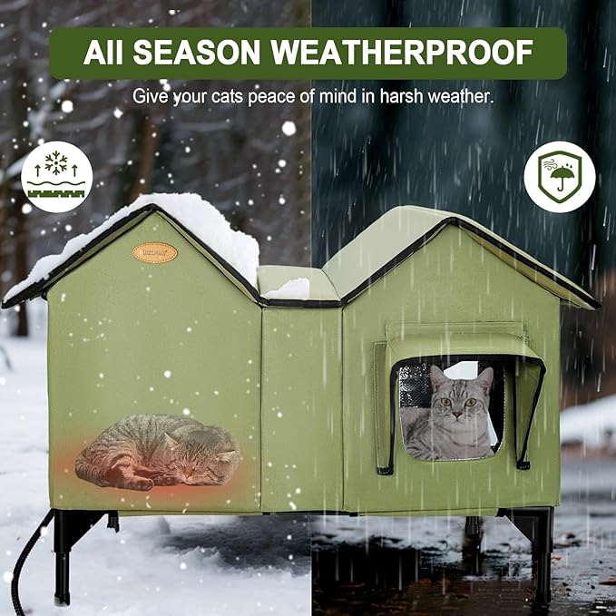 Heated Outdoor Cat House Weatherproof for Winter - Extra Large Heated Cat House for Outside, Elevated Bed, Escape Door, Fully Insulated Feral Cat Shelter for Multiple Cats Small Dogs, Easy Assembly