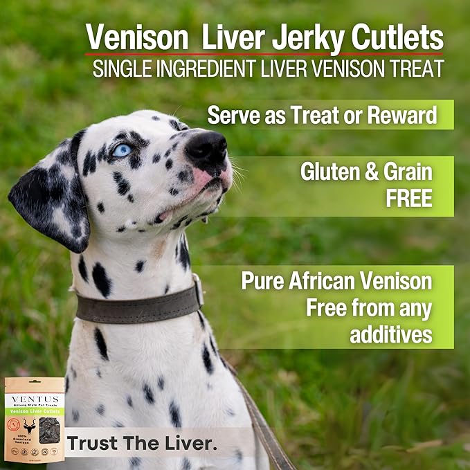 VENTUS Dog Training Treats - Single Ingredient Venison Jerky Liver Treats, All Natural, Air Dried, Low Fat, High Value Training Treats for Dogs, Organic, 8 oz