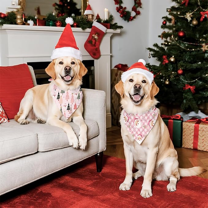 Pink Christmas Dog Bandanas 2 Pcs, Pink Pet Scarf for Dog Girl, Cute Triangle Puppy Scarf Kerchief Bandana Small Medium Pet Dogs On Xmas, Christmas Father Xmas Tree Print Gifts for Dogs Lovers