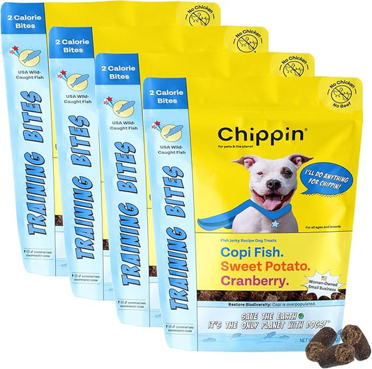 Chippin Fish Jerky Natural Dog Training Treats | Made in USA, Grain-Free, Hypoallergenic & Human-Grade Protein | Puppies & Senior Dogs | Low Fat (4-Pack, Wild-Caught Fish)
