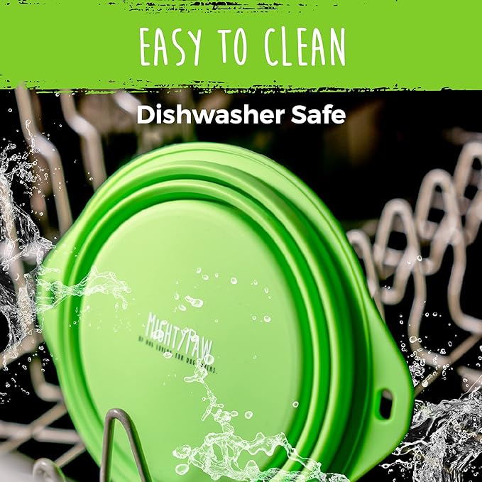 Mighty Paw Travel Dog Bowl Set - Silicone Food - Bonus Carabiner Clip - Ideal for Hiking - Camping - Lightweight - Leak-Proof - Collapsible Dog Bowl with Lid - Green - 2 Pack (27 Oz)