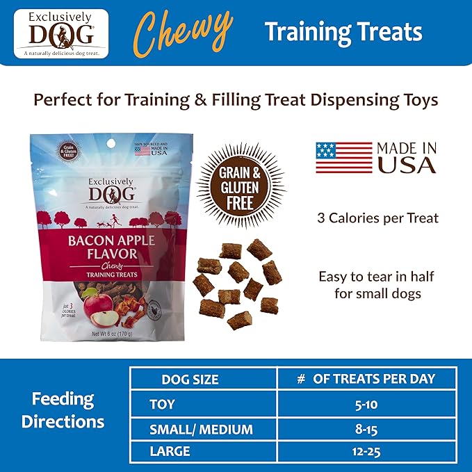 Exclusively Dog Chewy Training Treats Bacon Apple Flavor Grain Free Gluten Free, Made in The USA, 6 oz.