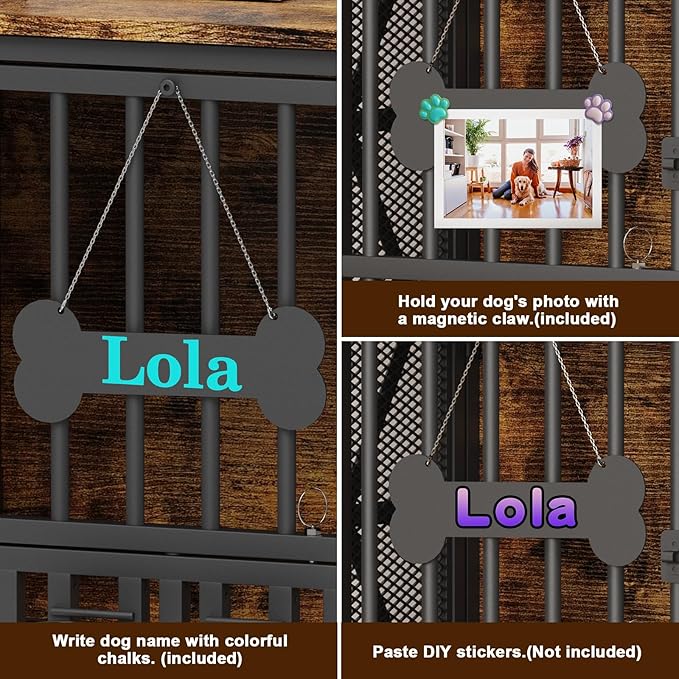 Easycom Dog Crate Furniture, 31.5" Assembly-Free Dog Crates for Small & Medium Dogs, Foldable Dog Kennel Indoor with Tag & Adjustable Dog Bowls, Wooden Dog Cage Use as End Table, Rustic Brown