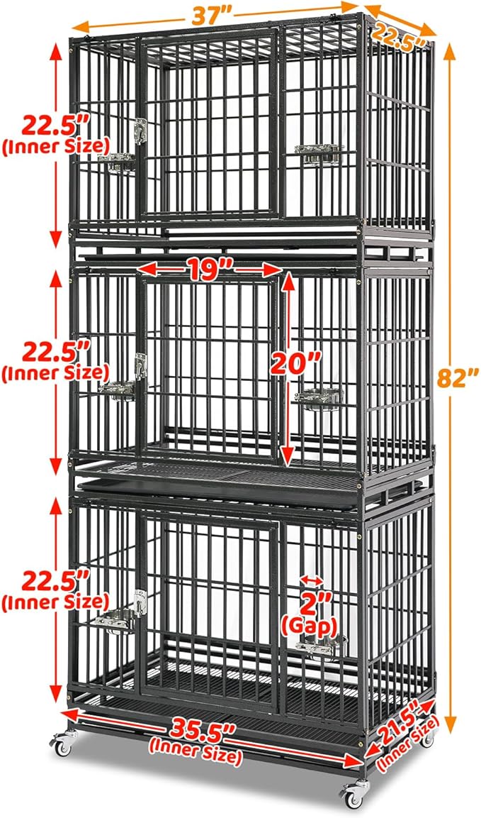 Homey Pet Three Tiers 37 Inch Dog Crate, Escape Proof Dog Cage Kennel Indoor with Top Access and Lockable Wheels, Removable Tray, Heavy Duty Dog Crates for Medium/Small Dogs