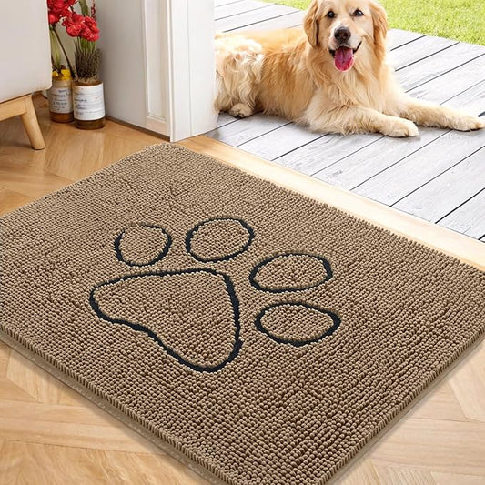 OLANLY Dog Door Mat for Muddy Paws 40x32, Paw Print Design, Absorbs Moisture and Dirt, Absorbent Non-Slip Washable Doormat, Quick Dry Chenille Mud Mat for Dogs, Entry Indoor Entryway Carpet, Tan