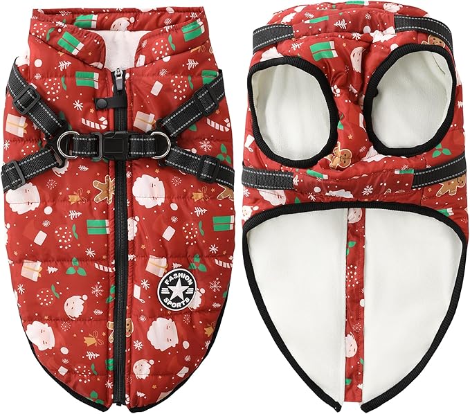Aiboria Dog Jacket Windproof Fleece Dog Sweater with Padded Vest Chest Strap Harness Dogs Coat Christmas Red L