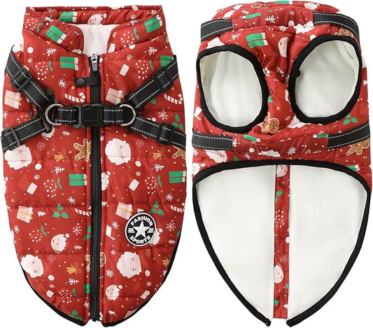 Aiboria Dog Jacket Windproof Fleece Dog Sweater with Padded Vest Chest Strap Harness Dogs Coat Christmas Red S