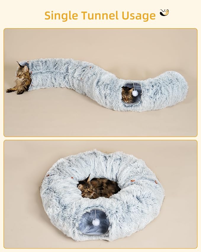34'' Tall Cat Scratching Post with Tunnel Bed for Indoor Adults, Large Donut Tunnel, Fluffy Plush Peekaboo Cat Cave, Multifunctional Playground for All Cats