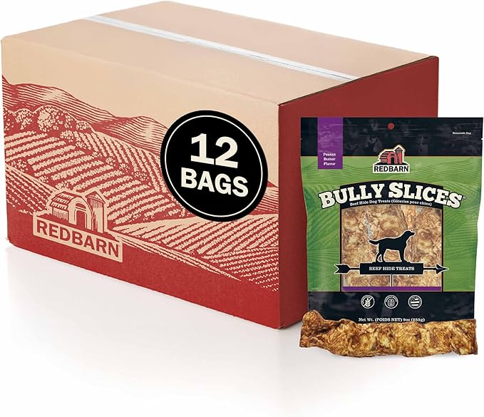 Redbarn Pet Products Bully Slices Beef Hide Dog Treats, Peanut Butter Flavor - Slow Roasted Grain-Free Rawhide Chew No Artificial Preservatives - 9 oz. 12 Bags