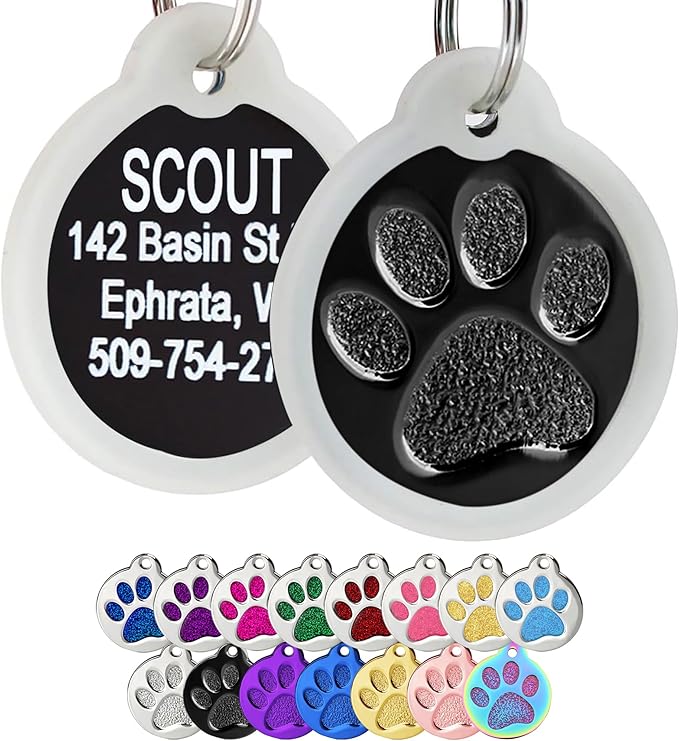 GoTags Paw Print Round Stainless Steel Pet Tag for Dogs and Cats, Personalized with 4 Lines of Custom Engraved ID Name and Number, in Stainless Steel and 15 Colors Small and Large, Black