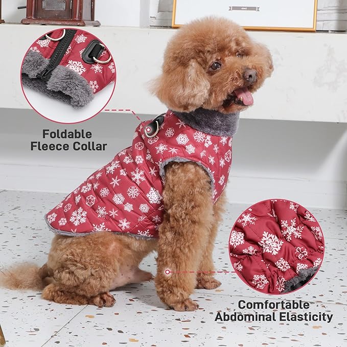 Warm Fleece Dog Coats with Durable Harness Buitl in D-Ring,Waterproof Puppy Jacket for Small Dogs,Dog Vest for Cold Winter,Red,Snow Pattern XS