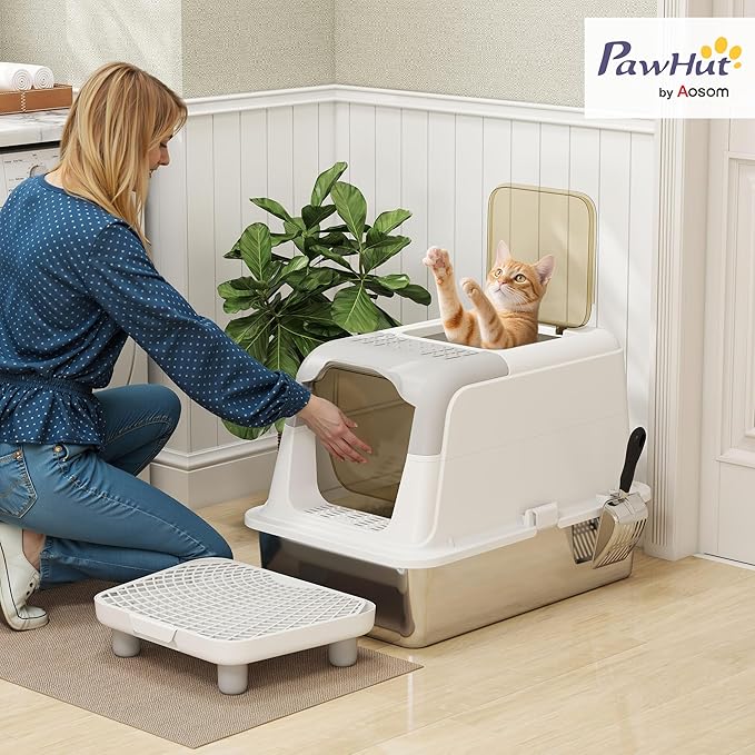PawHut Stainless Steel Litter Box, Extra Large Enclosed Cat Litter Box with Front-Entry and Top-Exit, Scoop, Deodorizer Bag, Sand Drop Pedal, Anti-Urine Leakage, Non-Sticky and Easy to Clean