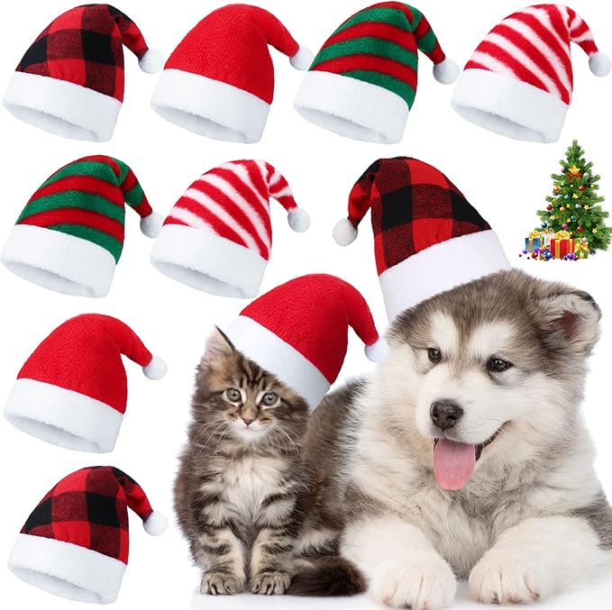 Svee 8 Pieces Christmas Santa Hats for Dog Cat with Adjustable Chin Strap Holiday Party Cute Costumes for Puppy Kitten Small Dogs and Cats Winter Party Dress up Props Supplies Gifts(Striped)