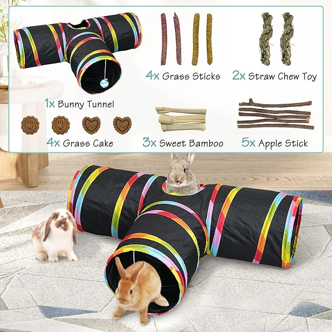 BNOSDM Bunny Tunnels, Collapsible 3 Way Rabbits Tunnel and Tubes with Chew Toys, Small Animals Hideout for Indoor Rabbit Bunny Guinea Pigs Ferret Kitten