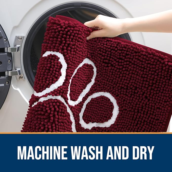 OLANLY Dog Door Mat for Muddy Paws 40x32, Paw Print Design, Absorbs Moisture and Dirt, Absorbent Non-Slip Washable Doormat, Quick Dry Chenille Mud Mat for Dogs, Entry Indoor Entryway Carpet, Burgundy