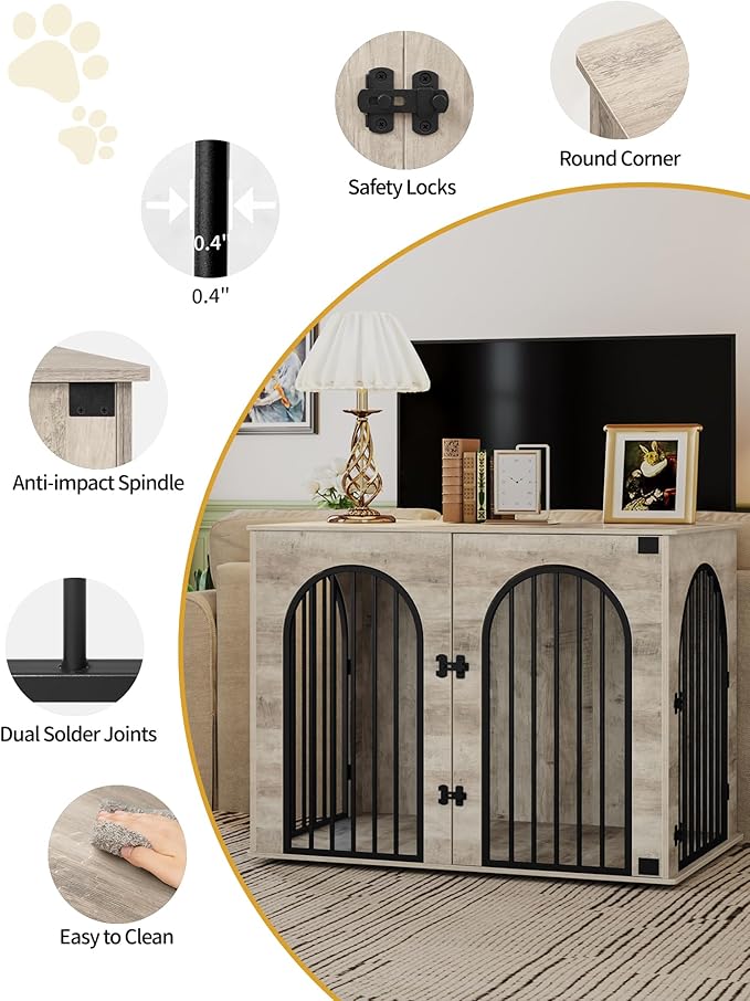 44.1" Wooden Dog Crate Furniture, Indoor Dog Kennel Dogs Cage for Small/Medium/Large Dogs, Heavy Duty Dog Crates Decorative Pet House End Side Table TV Stand, Greige Black DFC83905B