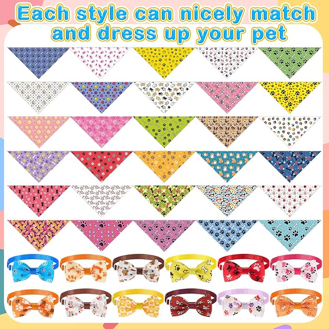 108 Pcs Dog Bandanas Bulks Bone Paw Adjustable Bow Ties for Dogs Washable Bowknot Reversible Triangle Scarf Kerchief for Large Small Medium Pet Cat Holiday Grooming Outfit