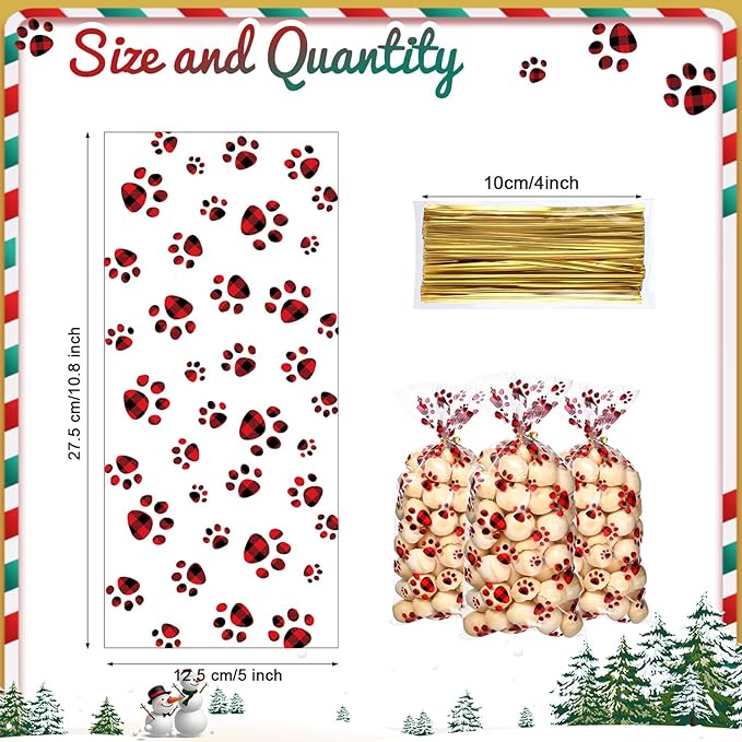 Blulu 100 Pieces Dog Treat Bags Puppy Party Favor Pet Paw Cone Cellophane Bags Candy Heat SealableDog Paw Gift with 100 Pieces Silver Twist Ties for Pet Cat Treat Party Favor(Red and Black)