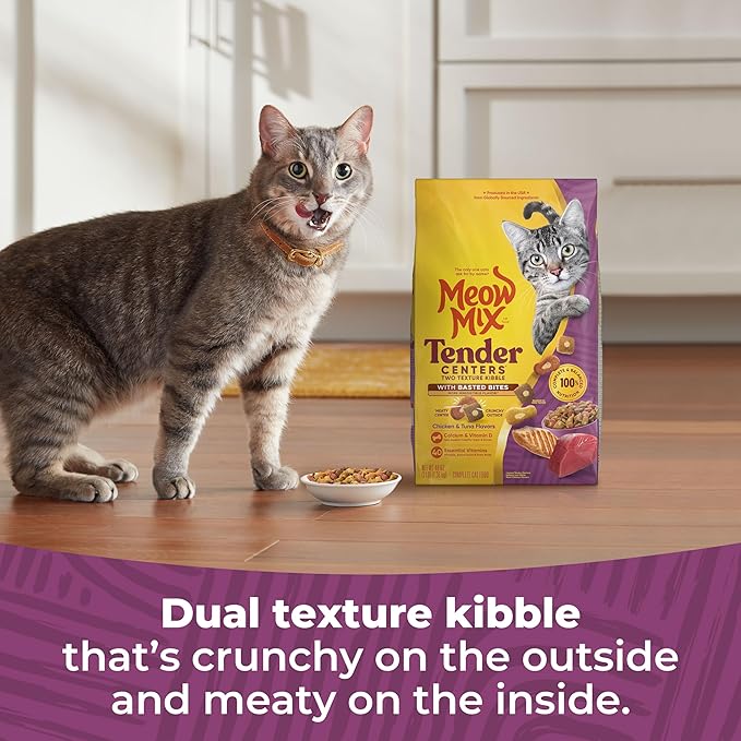 Meow Mix Tender Centers Basted Bites Dry Cat Food, Chicken & Tuna Flavor, 3 Pound (Pack of 4), Crunchy Outside Meaty Inside