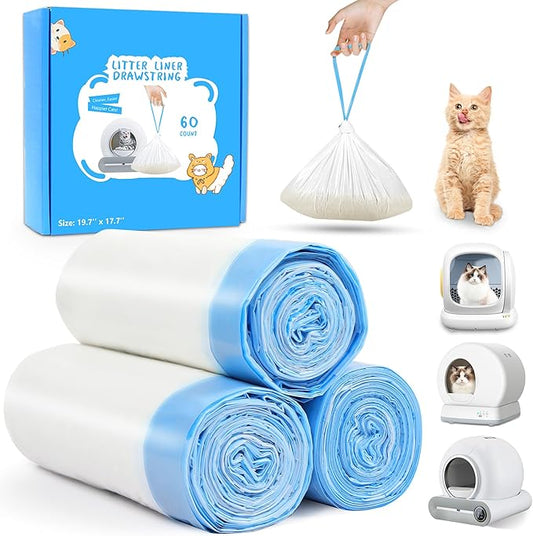 60 Count Self Cleaning Cat Litter Box Liners Bag Compatible with MeoWant MW-SC01,MW-SC02, Drawstring Heavy Duty Kitty Litter Receptacles Bags Fit For Automatic Cat Litter Box-17.7" x 19.7"