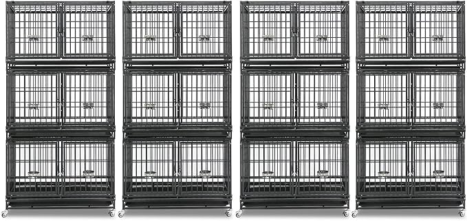 Homey Pet 4 Pack Three Tiers 43 inch Dog Crate with Wheels, Stackable Heavy Duty Indestructible Steel Dog Cage Kennel Indoor with Detachable Divider, Tray, Bowls, Escape Proof Locks