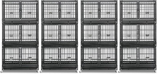 Homey Pet 4 Pack Three Tiers 43 inch Dog Crate with Wheels, Stackable Heavy Duty Indestructible Steel Dog Cage Kennel Indoor with Detachable Divider, Tray, Bowls, Escape Proof Locks