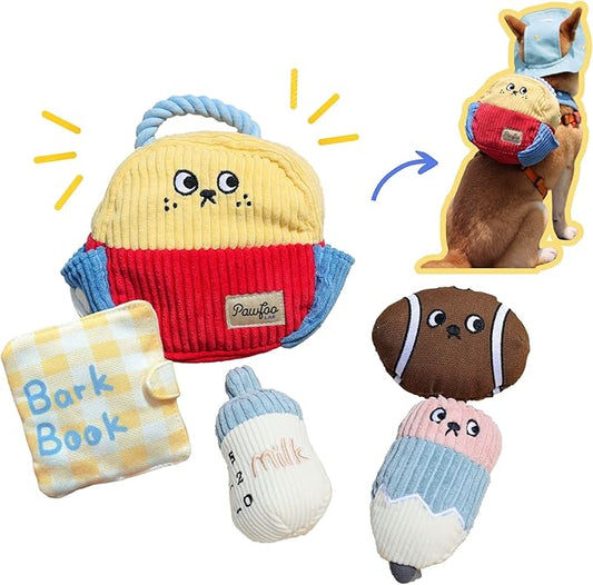 Squeaky Plush Dog Toys, 5-in-1 Crinkle Backpack Puppy Toys to Keep Busy, Cute Stuffed Hide & Seek Cognitive for Small, Medium, Large Dogs, Teething, Boredom Relief & Birthday Gift