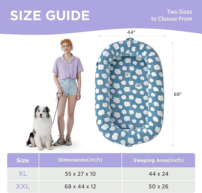 LE SURE Human Dog Bed for Adult - Calming Human Size Dog Bed with Egg Foam Supportive Mat and Storage Pocket, Cute Modern Pet Beds with Jacquard Shaggy Plush & Anti Slip Bottom 55x37x10, Blue