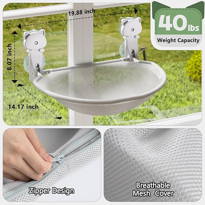 Cat Window Perch Cordless, Foldable & Stable Cat Beds- Breathable Cat Window Hammock for Overlooking, Sunbathing and Climbing - Maximum Hold Up to 40lb