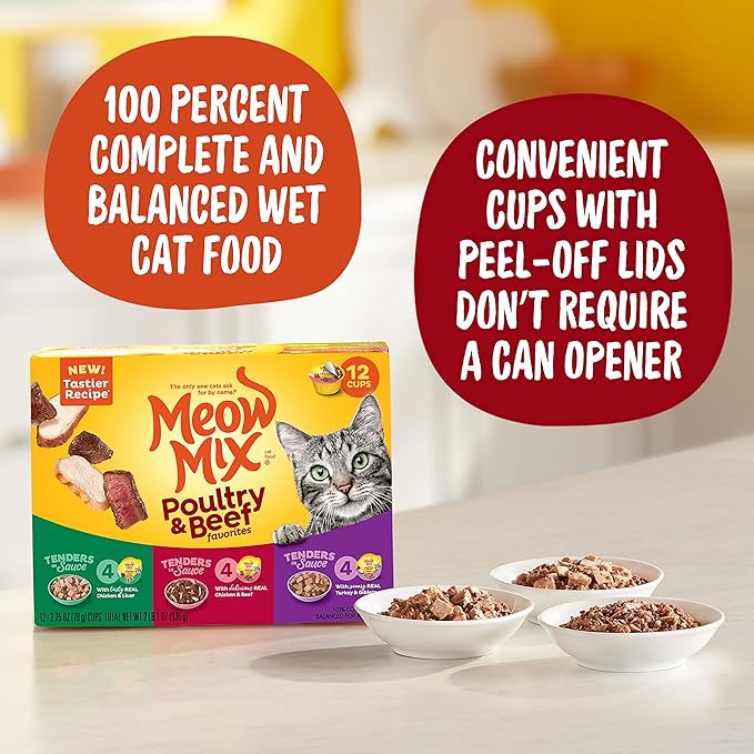 Meow Mix Tenders in Sauce Wet Cat Food, Poultry & Beef Variety Pack, 2.75 Ounce Cup (Pack of 48)