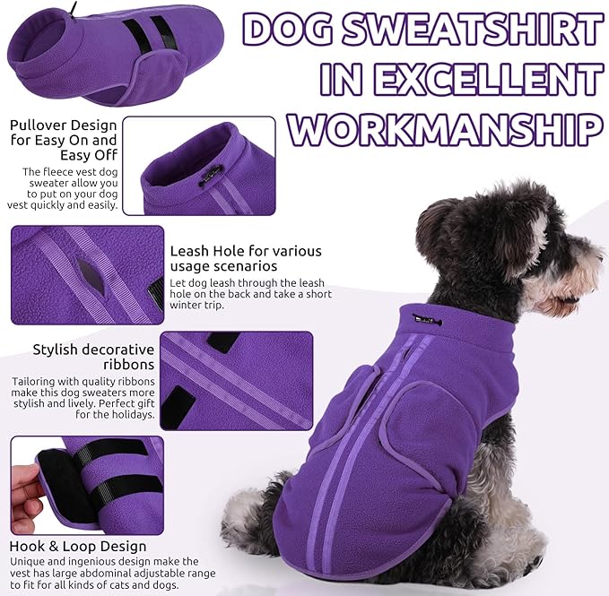 Queenmore XXL Dog Sweater, Soft Fleece Vest Pullover Dog Jacket with Leash Hole, Warm Winter Dog Clothes Cold Weather Doggy Dachshund Sweaters for Large Dogs Cats Boy or Girl (Lavender, XXL)